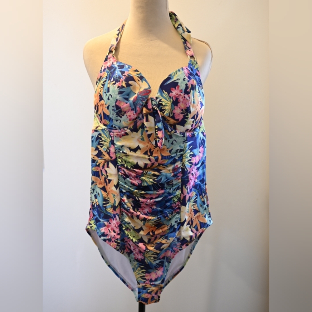 Floral Halter Underwire Ruched Sewn In Cups 1 Piece Swimsuit Resortwear Beach 14
